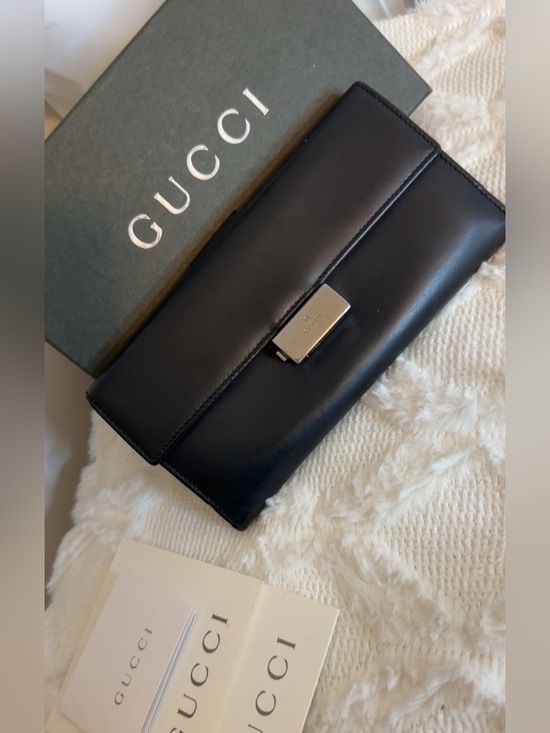 Gucci Handbags - Gucci Black Leather Flap Wallet with Silver Hardware